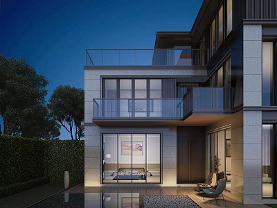Modern Garden Landscape Design With Illuminated Pool And Lush Greenery Around Villa 3d model