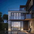 Modern Garden Landscape Design With Illuminated Pool And Lush Greenery Around Villa