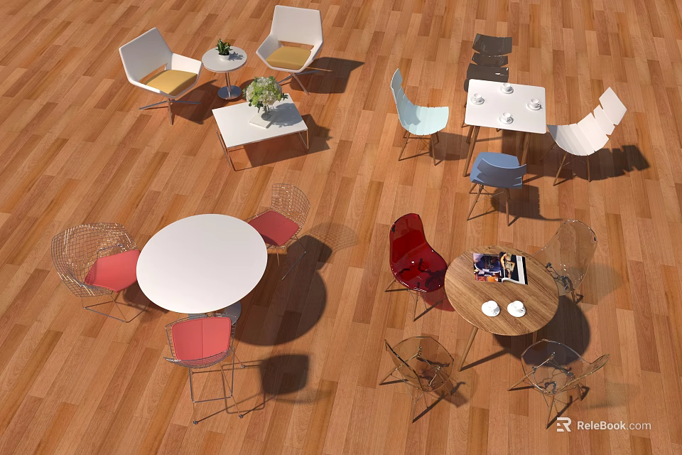 Modern Negotiation Tables And Chairs With Colorful Chairs Round Square Designs Wooden Floor Setting 3d model 