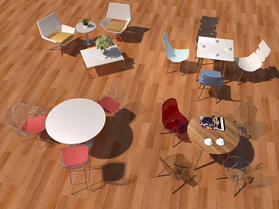 Modern Negotiation Tables And Chairs With Colorful Chairs Round Square Designs Wooden Floor Setting 3d model