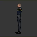 A Man In Dark Blue Uniform With Yellow Stripes Standing Full Body With Arms Outstretched