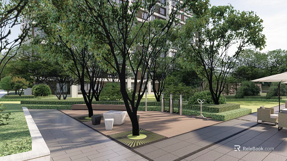 Residential Landscape Design With Shade Trees Paved Area Outdoor Seating And Greenery 3d model 