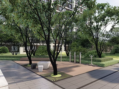 Residential Landscape Design With Shade Trees Paved Area Outdoor Seating And Greenery 3d model
