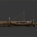 Ancient Wooden Water Transport Vessel With Small Huts Dock And Fence Structure