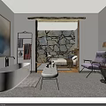 Elegant Hotel Room Interior Design with Stone Wall Bathtub Bed Cozy Chair and Hanging Lamp