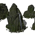 Natural Decorative Garden Ornaments Rock Features With Lush Moss And Small Waterfall