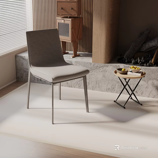 Gray Upholstered Leisure Chair With Metal Legs And Side Table Near Fireplace 3d model 