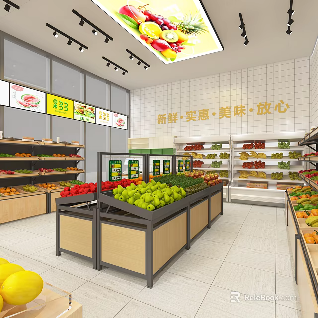 Spacious Fruit Store Interior With Various Fresh Fruits And Multiple Display Shelves 3d model