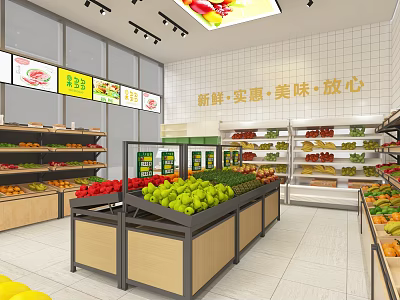 Spacious Fruit Store Interior With Various Fresh Fruits And Multiple Display Shelves 3d model