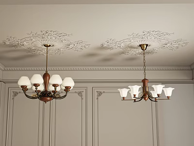 Elegant Interior With Ornate Ceiling And Classic Chandelier Featuring White Shades And Multiple Lights 3d model
