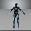 Futuristic Blue And Black Armored Character With Red Accents And Sleek Design