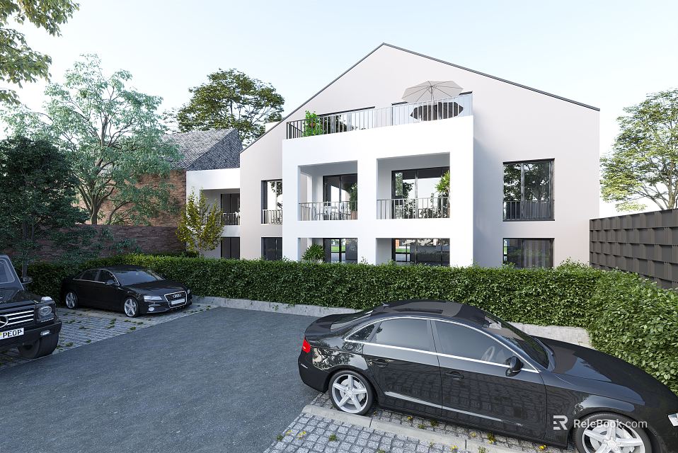 Elegant Detached Villa with White Exterior Balconies Greenery Trees Parking Area and Cars 3d model 