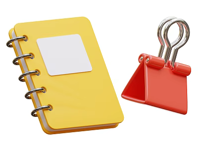 Yellow Spiral Bound Notebook With White Square Sticker And Red Clip 3d model