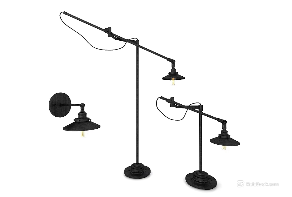 Black Metal Floor And Wall Lamps With Adjustable Arms And Round Bases 3d model 