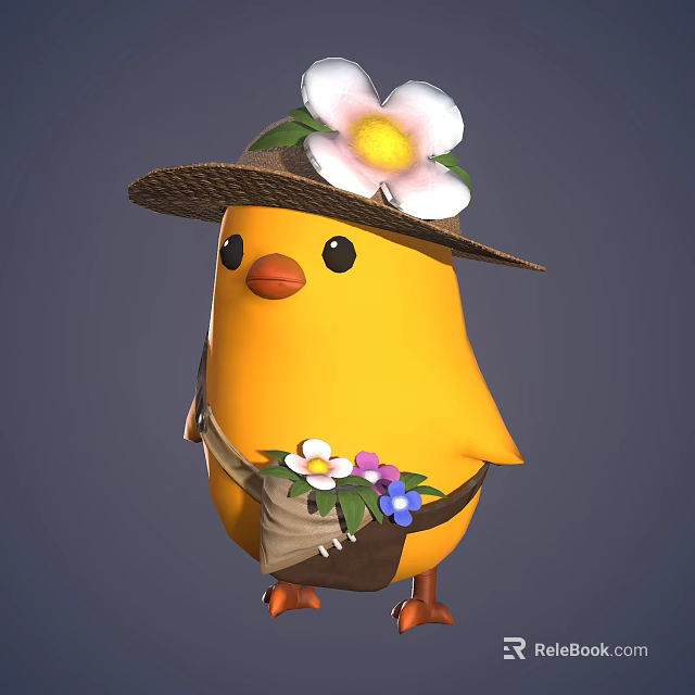Cute Yellow Chick Game Character Wearing Straw Hat With Flower And Flower Satchel 3d model 