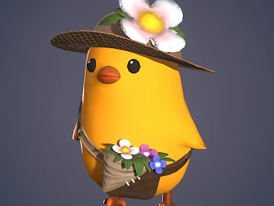 Cute Yellow Chick Game Character Wearing Straw Hat With Flower And Flower Satchel 3d model