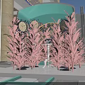 Decorative Teal Tram In Indoor Mall With Columns And Pedestrians Around
