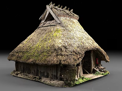 Traditional Thatched Cottage with Moss Covered Roof and Stone Walls 3d model