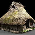 Traditional Thatched Cottage with Moss Covered Roof and Stone Walls