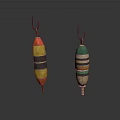 Colorful Striped Fishing Floats With Wooden Bodies And Metal Hooks