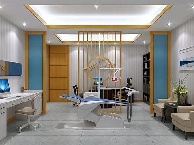Modern Dental Clinic Interior With Treatment Chair Wooden Partition And Blue Accents 3d model