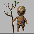 Earthy Clay Character With Glowing Green Symbol Holding Tree Branch Leaves And Simple Belt