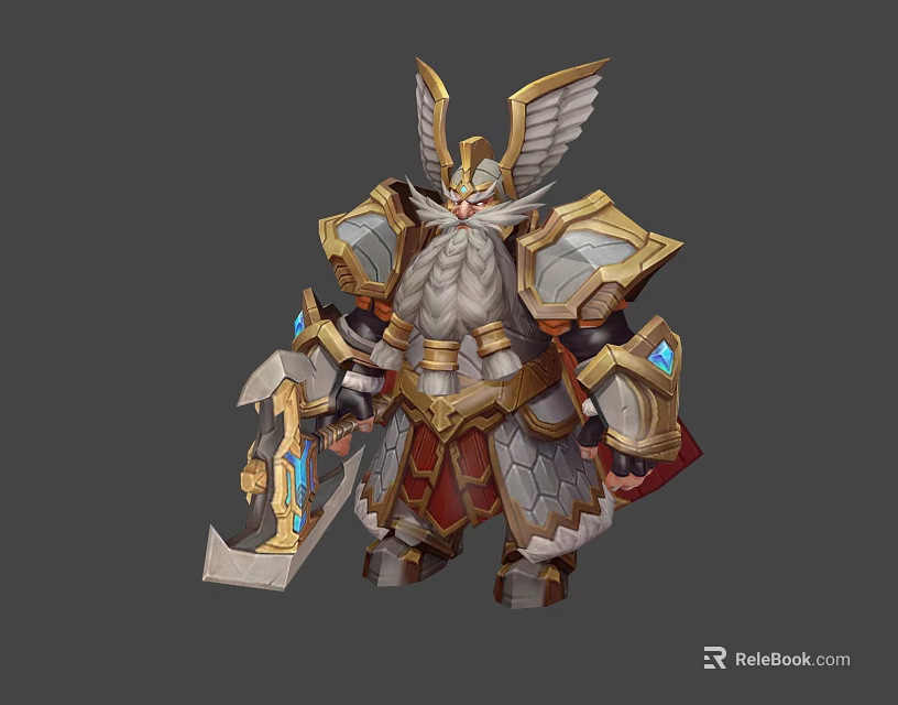 Legendary Armored Warrior With Golden Wings Carrying Giant Axe And Blue Gemstone Accents 3d model 