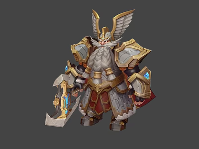 Legendary Armored Warrior With Golden Wings Carrying Giant Axe And Blue Gemstone Accents 3d model
