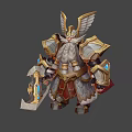 Legendary Armored Warrior With Golden Wings Carrying Giant Axe And Blue Gemstone Accents