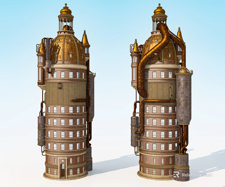 Steampunk Architecture Design With Twin Towers Golden Top Mechanical Structures Windows Pipes 3d model 