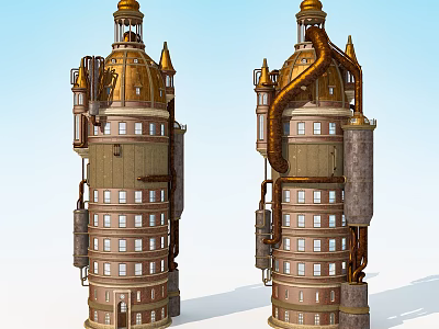 Steampunk Architecture Design With Twin Towers Golden Top Mechanical Structures Windows Pipes 3d model