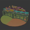LEGO Train Track Bridge with Multiple Yellow Cars and Blue Structure