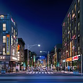 Vibrant Night View Commercial Street With Buildings On Both Sides Shop Signs Pedestrians And Vehicles
