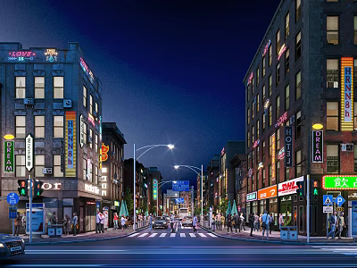 Vibrant Night View Commercial Street With Buildings On Both Sides Shop Signs Pedestrians And Vehicles 3d model