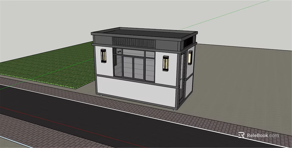 Small Modern Guard Booth With White Black Exterior Glass Door Windows Green Lawn And Roadside 3d model 