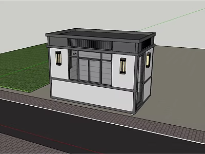 Small Modern Guard Booth With White Black Exterior Glass Door Windows Green Lawn And Roadside 3d model