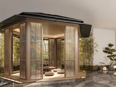 Serene Garden Wooden Pavilion With Transparent Curtains Bamboo Plants Tea Table Cushions And Stone Floor 3d model