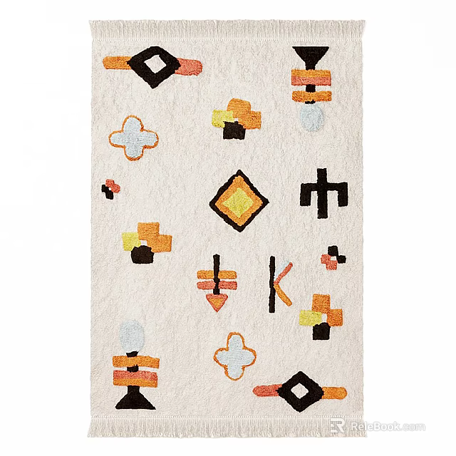 Square Decorative Rug With Abstract Geometric Patterns Neutral Beige Background And Vibrant Orange Black Accents 3d model 