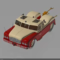 Red And White Vintage Toy Truck With Roof Racks And Small Orange Accessories