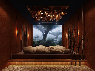 Modern Home Theater Room Interior With Large Screen Comfortable Sofa Warm Lighting And Wooden Decor 3d model