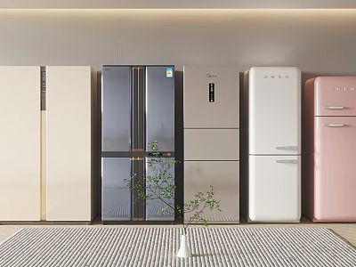 Neatly Arranged Modern Refrigerators and Freezers in Various Colors and Styles 3d model