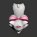 Cute White Cartoon Cat With Pink Bow And Collar Against Gray Background With Reflection