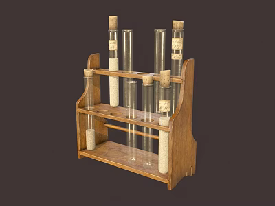 Wooden Test Tube Rack With Glass Tubes And Cork Stoppers On Dark Background 3d model