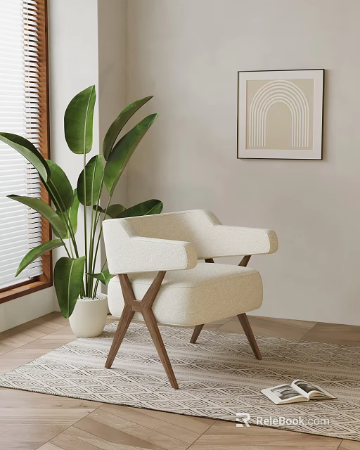 Comfy Beige Accent Chair With Wooden Cross Legs Near Large Green Plant And Arch Artwork 3d model 