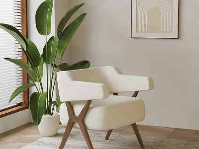 Comfy Beige Accent Chair With Wooden Cross Legs Near Large Green Plant And Arch Artwork 3d model