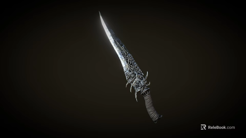 Ornate Bladed Weapon With Intricate Carvings And Wrapped Hilt Design 3d model 