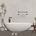 White Freestanding Bathtub With Black Faucet Wooden Side Table Potted Plants Slippers On Floor
