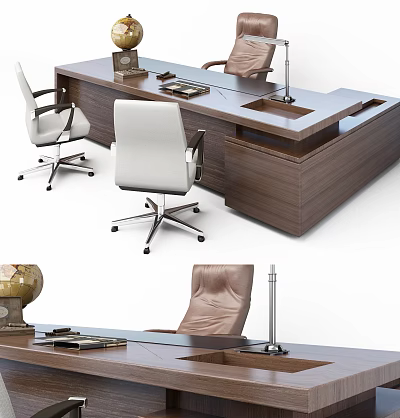 Modern Office Desk With Office Chairs Desk Lamp Globe And Books 3d model
