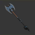 Mythical Fantasy Battle Axe With Blue Silver Decorative Design And Wooden Handle