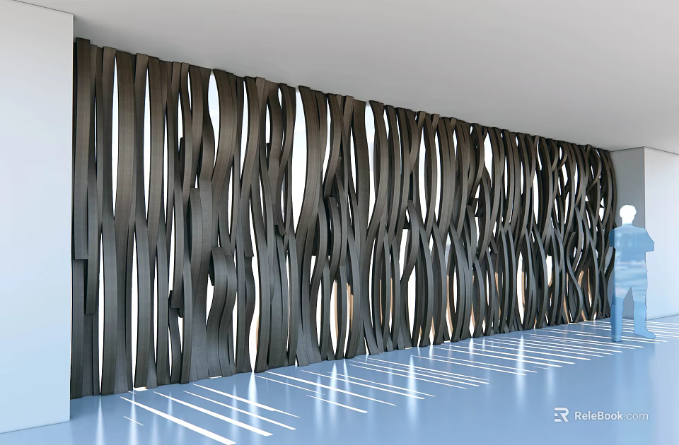Modern Black Wooden Wavy Background Wall With Light Shadow Effects In Interior Space 3d model 